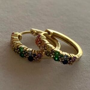925 Sterling Silver Gold-Tone Rainbow Bedazzled Rhinestone Mini Huggie Hoops